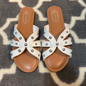 Tan with white studded strap, slip on sandals, scoop, size 7